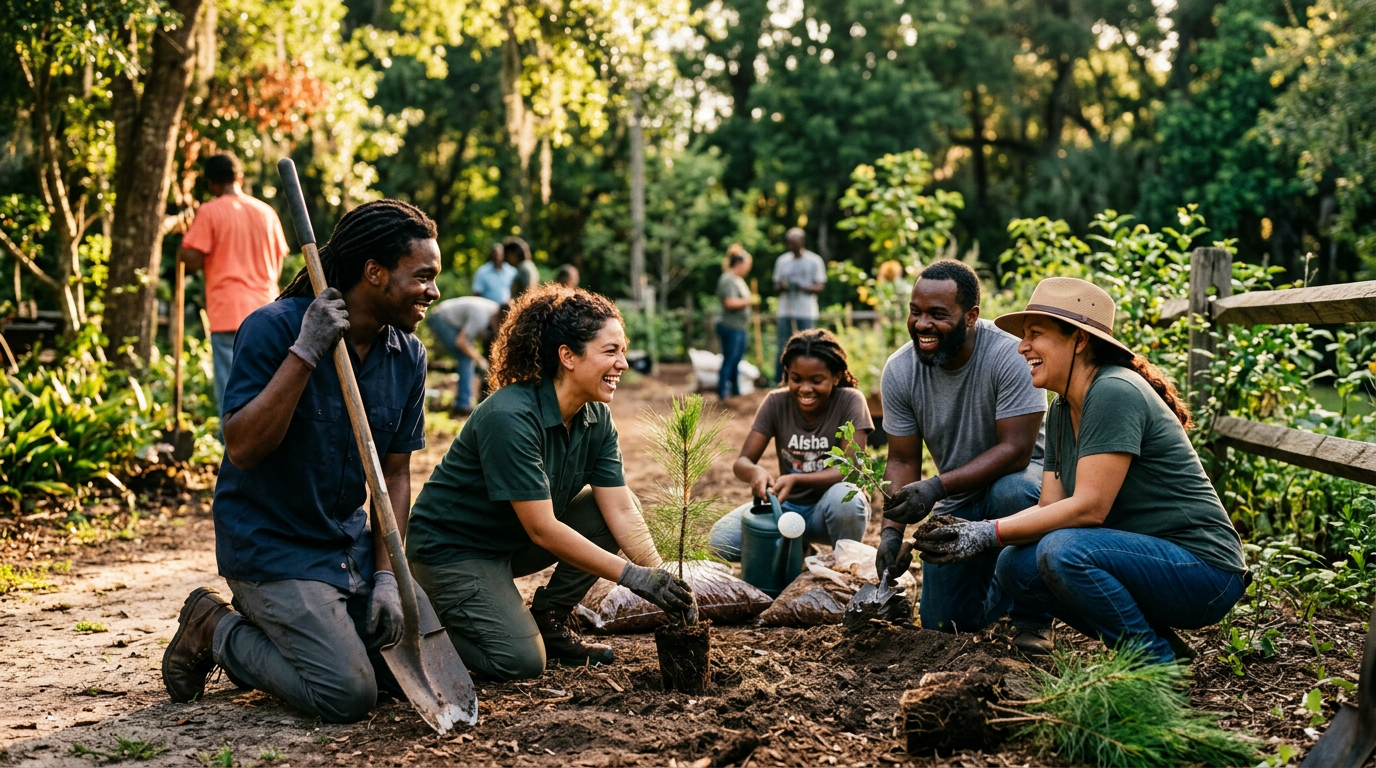 Community volunteers planting trees together